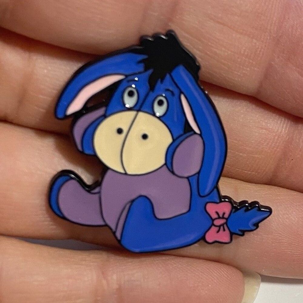 Disney Inspired Eeyore Enamel Pin Winnie The Pooh Sitting Donkey Pink Bow Brooch
